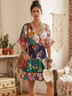 Anthropologie Nettie Tiered Floral Patchwork Mini Dress Women's X Small